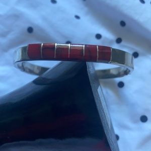 925 Sterling Silver Hinged Bangle Bracelet - Gemstone Inlay. Made In Mexico